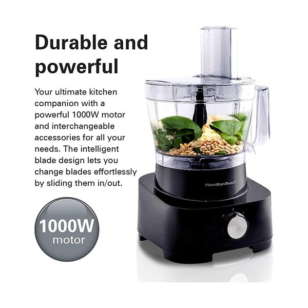 Hamilton Beach Food Processor 1000W, 3.5L Bowl and 11 Attachments - Blender, Citrus Juicer, Grinder Mill, Chopper, and More to Knead the Dough - FP1012-ME