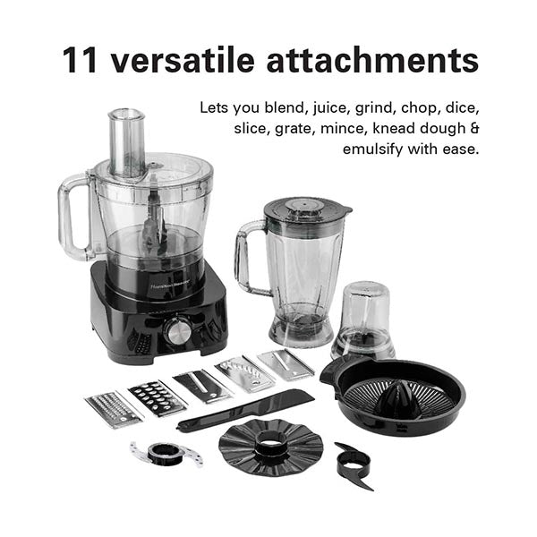 Hamilton Beach Food Processor 1000W, 3.5L Bowl and 11 Attachments - Blender, Citrus Juicer, Grinder Mill, Chopper, and More to Knead the Dough - FP1012-ME
