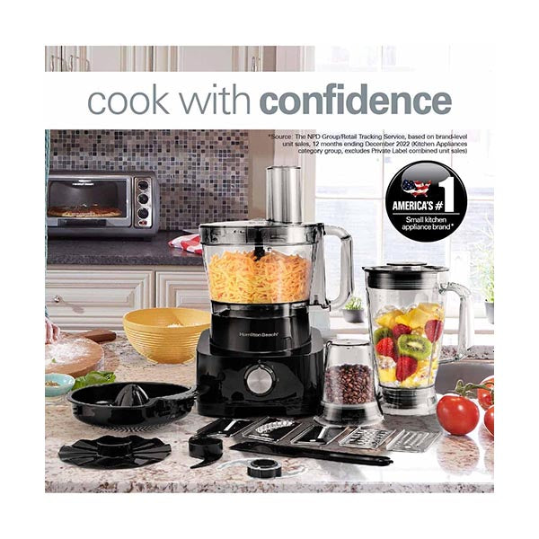 Hamilton Beach Food Processor 1000W, 3.5L Bowl and 11 Attachments - Blender, Citrus Juicer, Grinder Mill, Chopper, and More to Knead the Dough - FP1012-ME