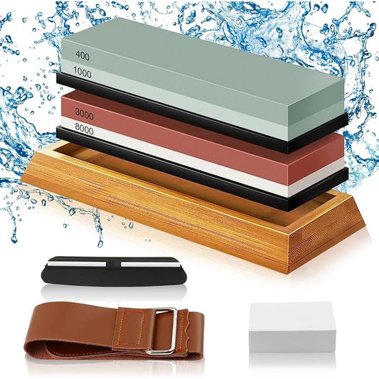 Premium Quality Full Set Sharpening Stones 400/1000 and 3000/8000 + Angle Guide + Wooden Stand + Flattening Stone + Polishing Leather Belt for scissors pocket knives kitchen knife chef knife sharpener