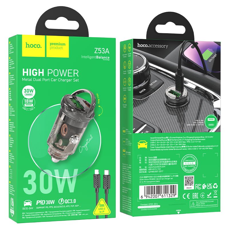 Hoco Dual Port Car Charger 30W with USB-C to Lightning Cable Z53A