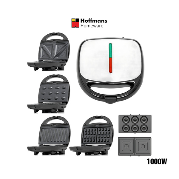 Hoffmans 6 In 1 Electric Breakfast Maker, Waffle Maker, Panini Press Grill Maker, Donut Maker, Sandwich Maker, Crepe, Omelette, Nut Maker, Snacks and Desserts with Detachable Plates,1000W HM-3013