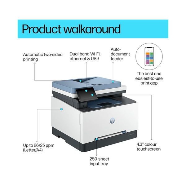 HP Color LaserJet Pro MFP 3303sdw 4.3" Display, Wireless, Print, Copy, Scan, Automatic Duplex, Print Speed: 25ppm, Black/Color), 50-sheet ADF