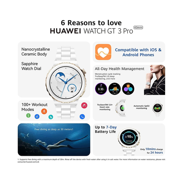 Huawei Watch GT 3 Pro Smartwatch, 42mm, Free Diving Mode, Wireless Fast Charging, Heart Rate & Blood Oxygen Monitoring, Menstruation Cycle Tracking, White Ceramic Case, White Ceramic Strap