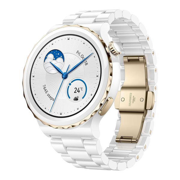 Huawei Watch GT 3 Pro Smartwatch, 42mm, Free Diving Mode, Wireless Fast Charging, Heart Rate & Blood Oxygen Monitoring, Menstruation Cycle Tracking, White Ceramic Case, White Ceramic Strap