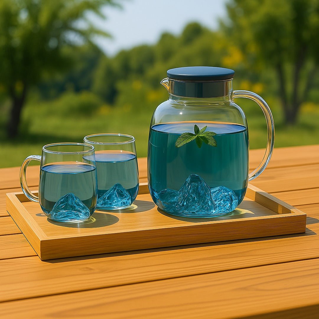 Ice Mountain Premium Quality 1800ml Glass Jug with 2x 300ml Cups for Hot/Cold Drinks