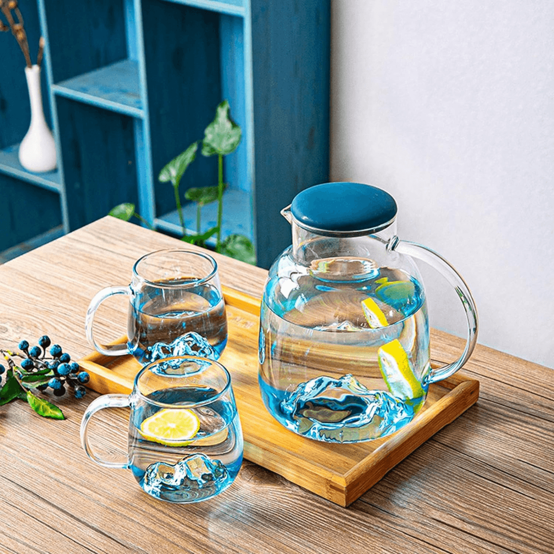 Ice Mountain Premium Quality 1800ml Glass Jug with 2x 300ml Cups for Hot/Cold Drinks