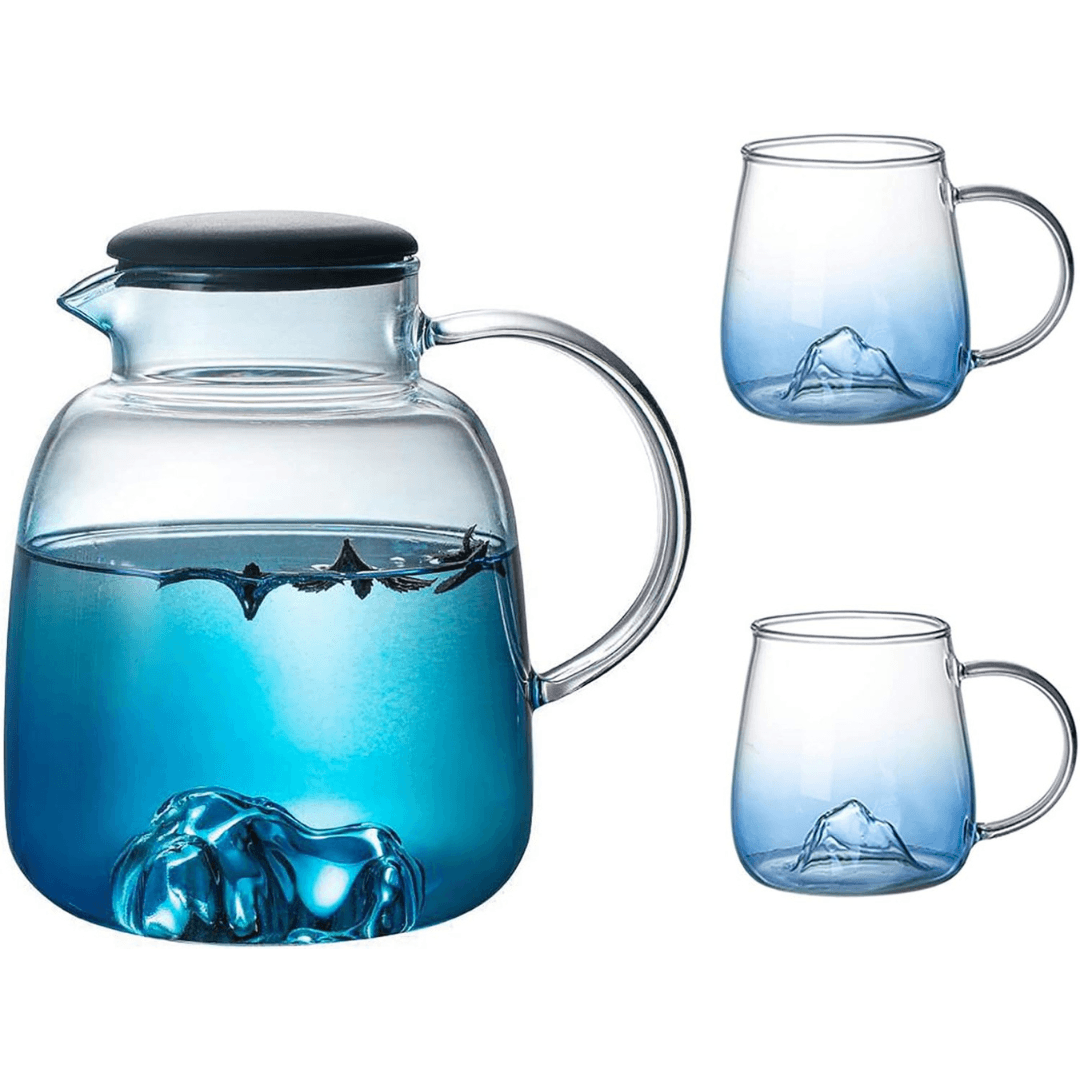 Ice Mountain Premium Quality 1800ml Glass Jug with 2x 300ml Cups for Hot/Cold Drinks
