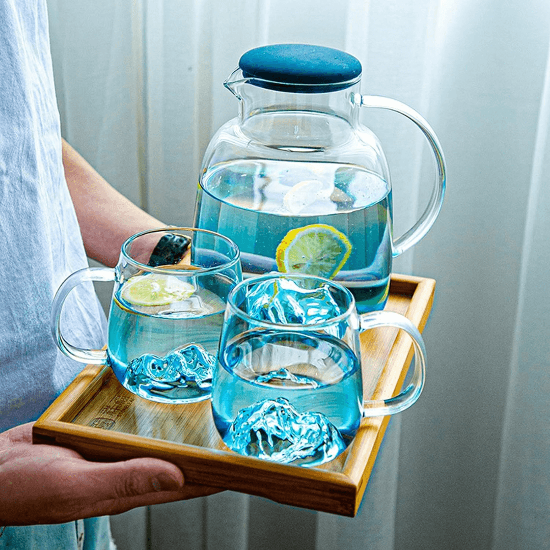 Ice Mountain Premium Quality 1800ml Glass Jug with 2x 300ml Cups for Hot/Cold Drinks