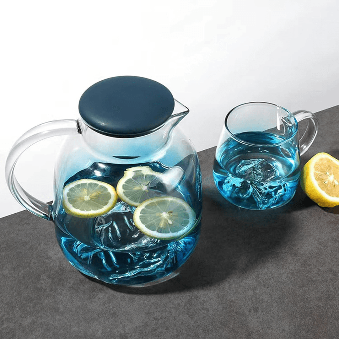 Ice Mountain Premium Quality 1800ml Glass Jug with 2x 300ml Cups for Hot/Cold Drinks