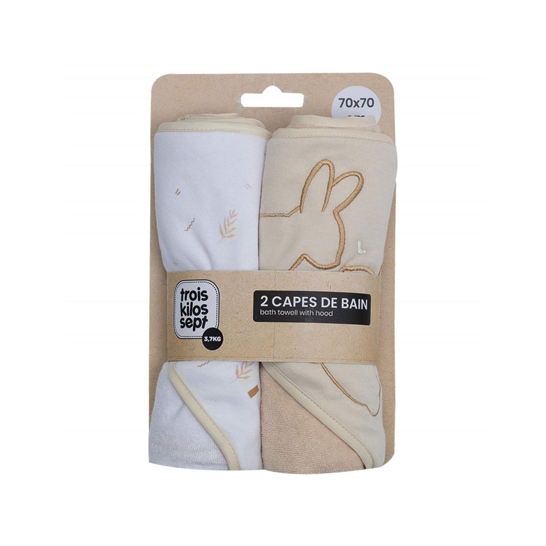 Trois Kilos Sept Set of 2 Rabbit Print Hooded Towels – Beige (70 x 70 cm