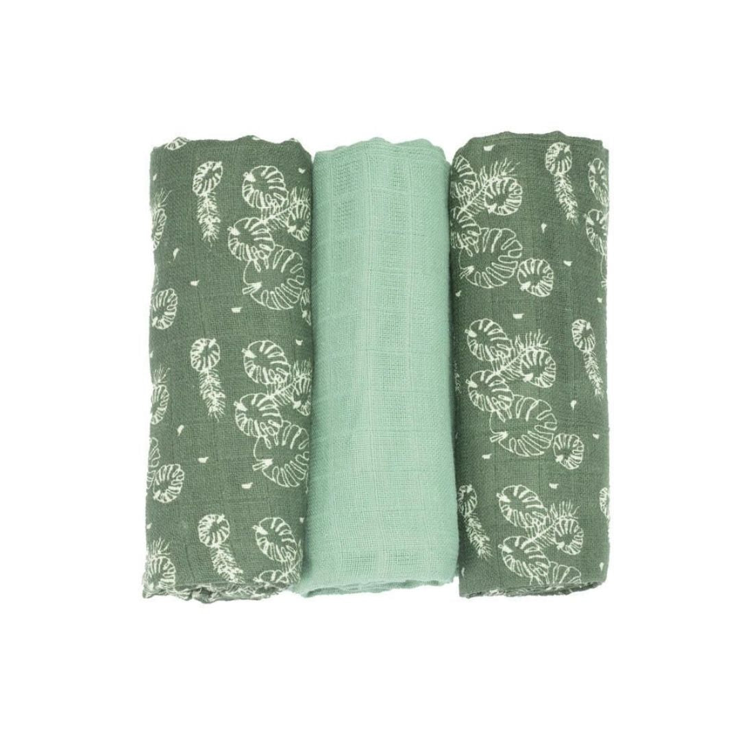 Trois Kilos Sept Set of 3 Muslin Swaddles (70x70cm) – Feuilles Vertes Collection