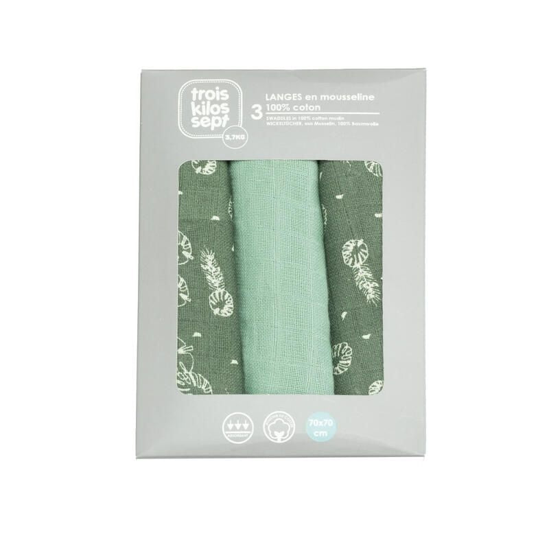 Trois Kilos Sept Set of 3 Muslin Swaddles (70x70cm) – Feuilles Vertes Collection