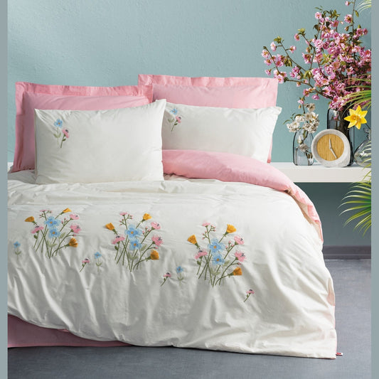 Embroidered  Double Duvet Cover Set Delbin Pink