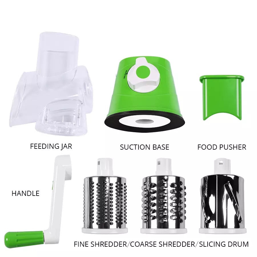 Tabletop Drum 3-in-1 Vegetable Cutter & Rotary Cheese Grater ‚Äì Multifunctional Slicer with 3 Stainless Steel Blades for Vegetables, Fruits & Cheese - Medaid International