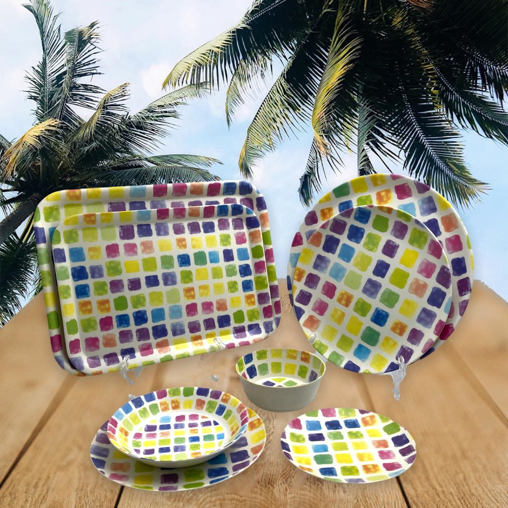 Colorful Squares Mealmine Round Tray; 14"