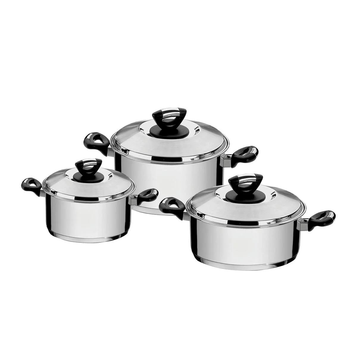 Tramontina Solar Bakelite stainless steel cookware set with tri-ply base and Bakelite handles, 3 pc set