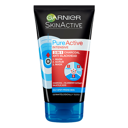 Garnier Pure Active Intensive 3 in 1 Charcoal Blackhead Mask Wash Scrub