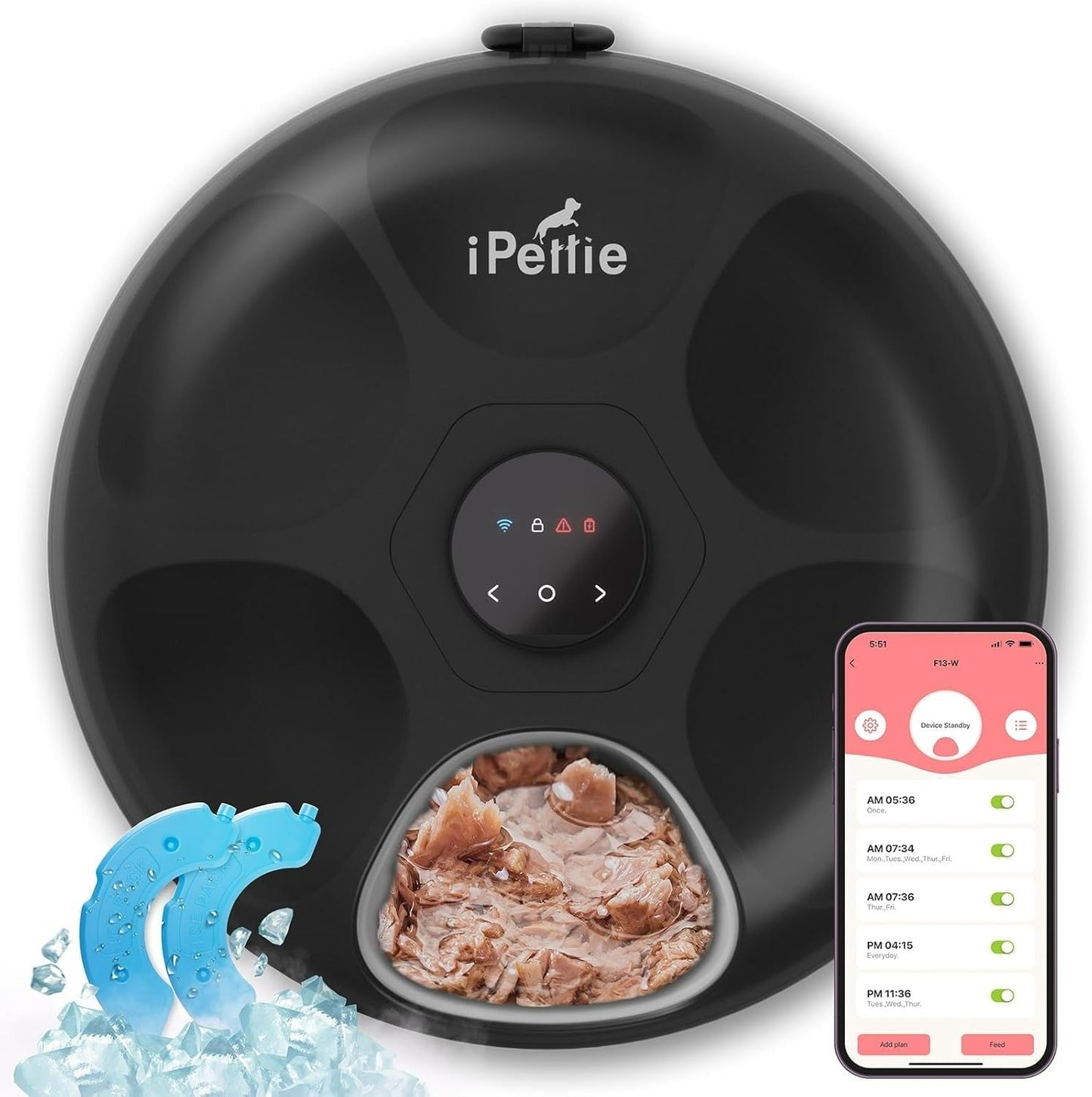 Smart Automatic 6-Meal Wet Food Feeder – WiFi-Enabled, Refrigerated Pet Feeder with Ice Packs & Stainless Steel