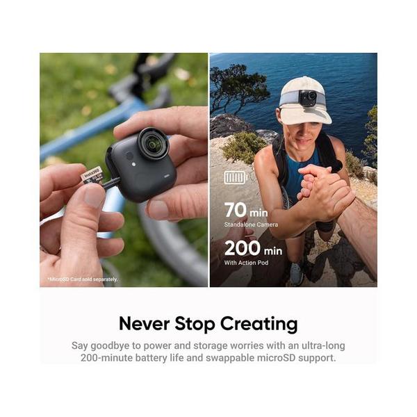 Insta360 GO Ultra Standard Bundle Midnight Black - Tiny Hands-Free 4K Cam, Lightweight & Portable, Low Light Excellence, Mount Anywhere, FlowState Stabilization, 200 Min Battery Life