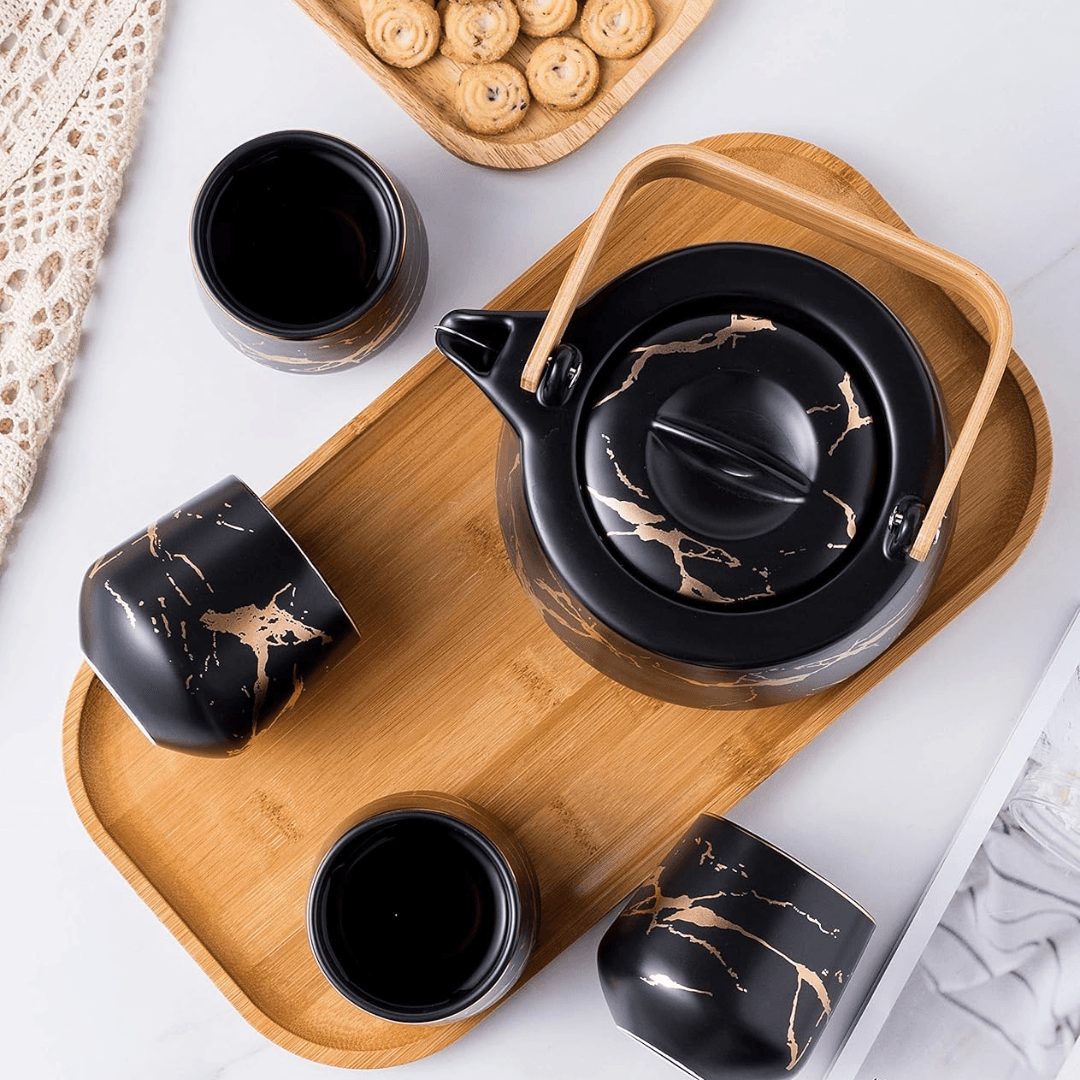Premium Marble Porcelain Tea Set – Teapot with 4 Cups & Bamboo Tray