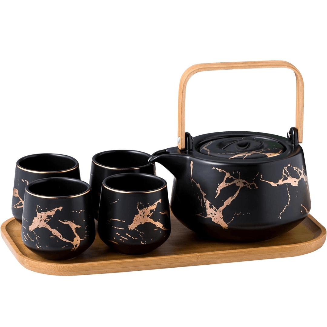 Premium Marble Porcelain Tea Set – Teapot with 4 Cups & Bamboo Tray