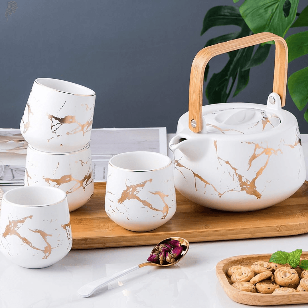 Premium Marble Porcelain Tea Set – Teapot with 4 Cups & Bamboo Tray