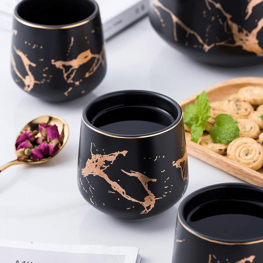 Premium Marble Porcelain Tea Set – Teapot with 4 Cups & Bamboo Tray