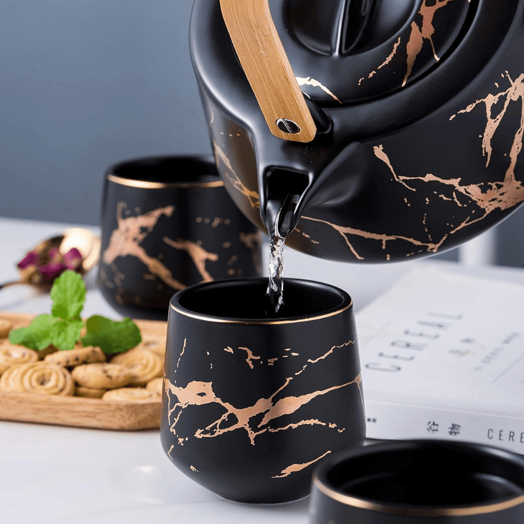 Premium Marble Porcelain Tea Set – Teapot with 4 Cups & Bamboo Tray