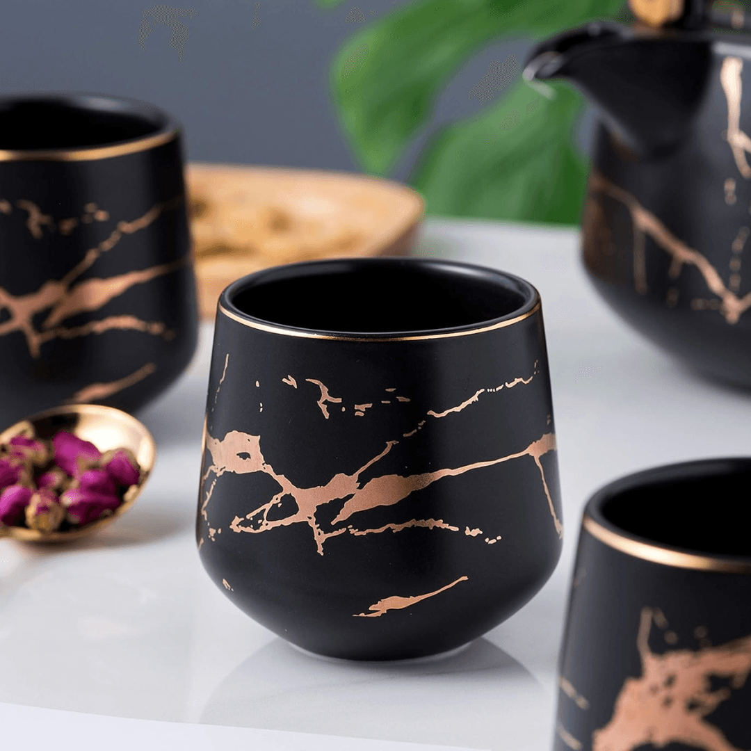 Premium Marble Porcelain Tea Set – Teapot with 4 Cups & Bamboo Tray