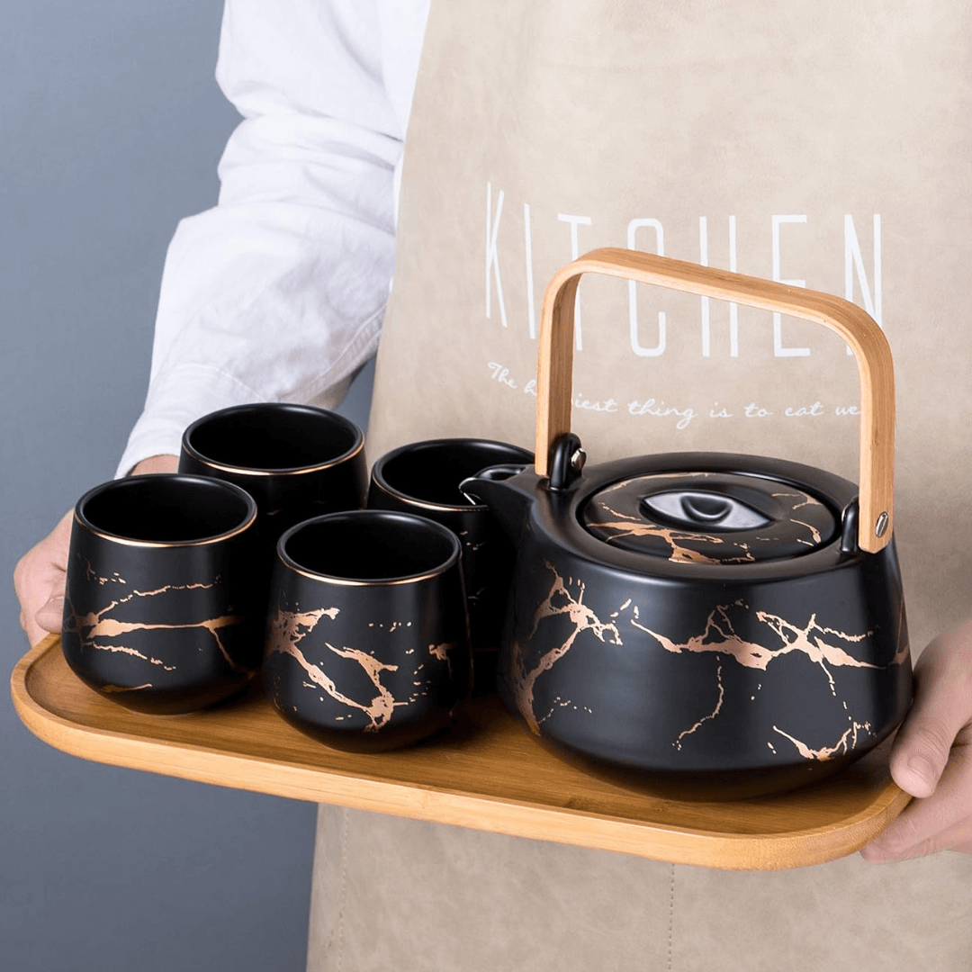 Premium Marble Porcelain Tea Set – Teapot with 4 Cups & Bamboo Tray