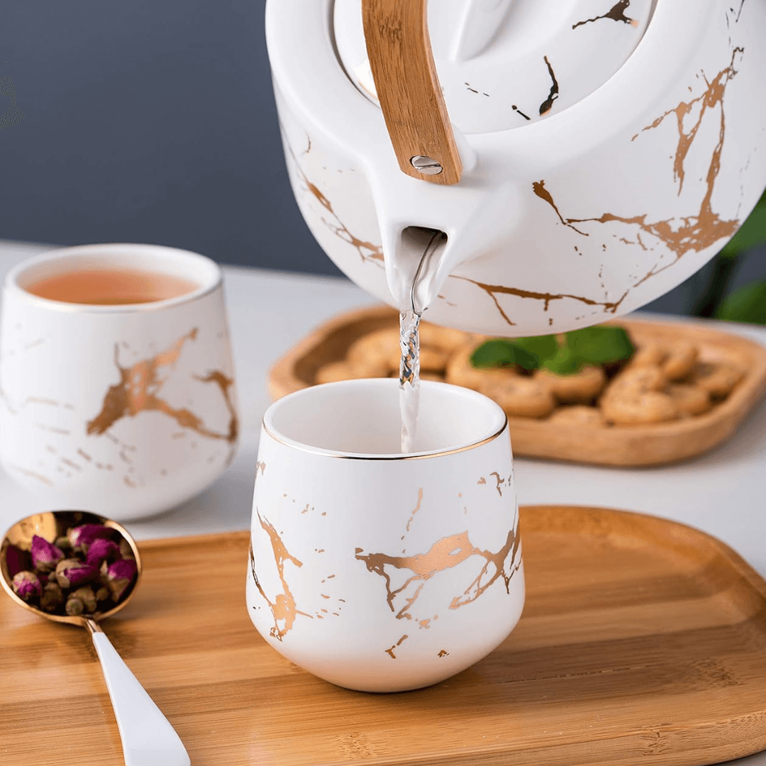 Premium Marble Porcelain Tea Set – Teapot with 4 Cups & Bamboo Tray