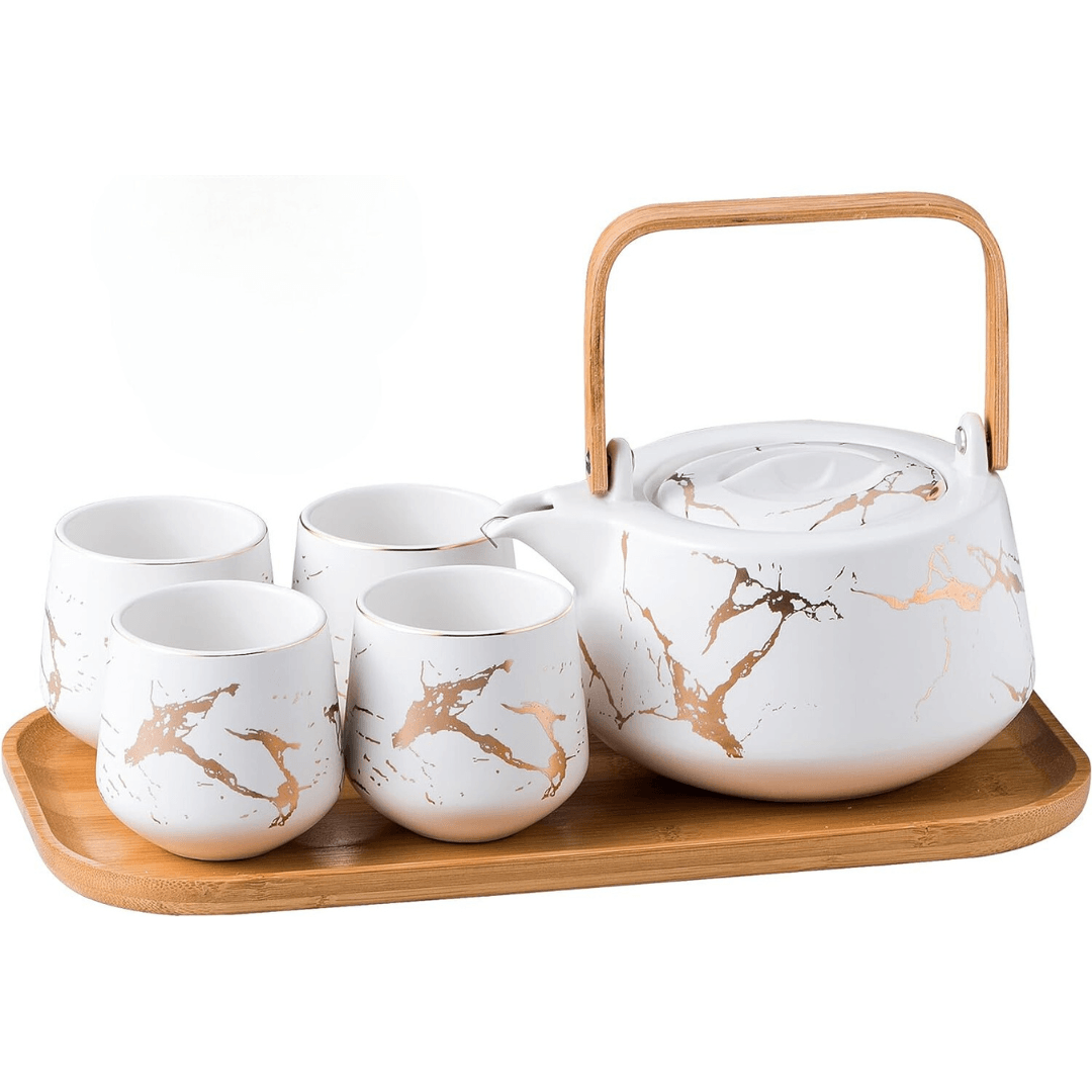 Premium Marble Porcelain Tea Set – Teapot with 4 Cups & Bamboo Tray