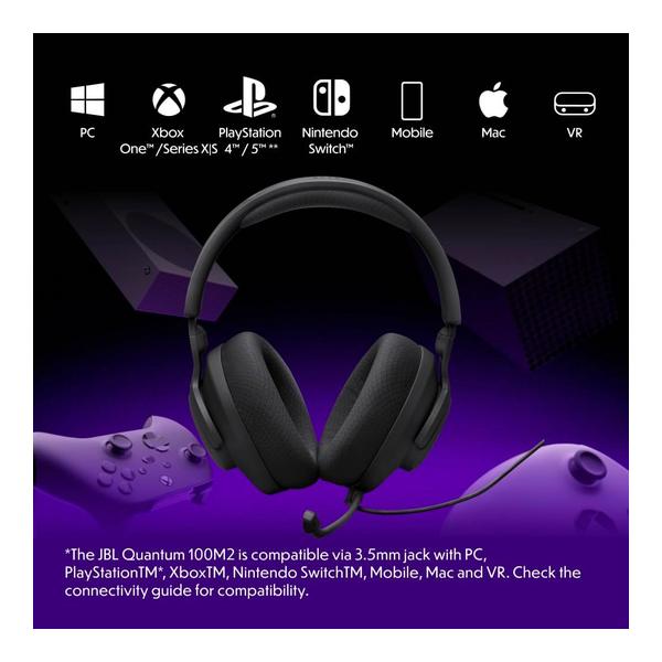 JBL Quantum 100M2 - Wired Over-Ear Gaming Headset with omnidirectional, Detachable mic with Mute Option and Fabric-Covered Memory Foam Ear Cushions, Compatible with All Platforms