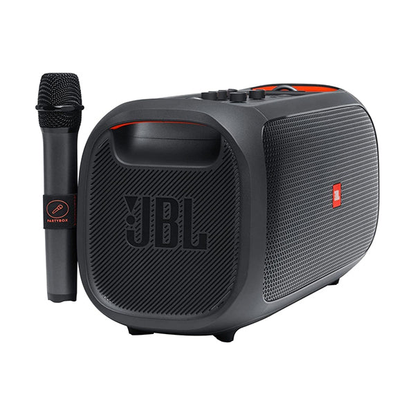 JBL PartyBox On-The-Go a Portable Karaoke Party Speaker with Wireless Microphone, 100W Power Output, IPX4 Splashproof, 6 Playtime Hours, Shoulder Strap, and Wireless 2 Party Speakers Pairing