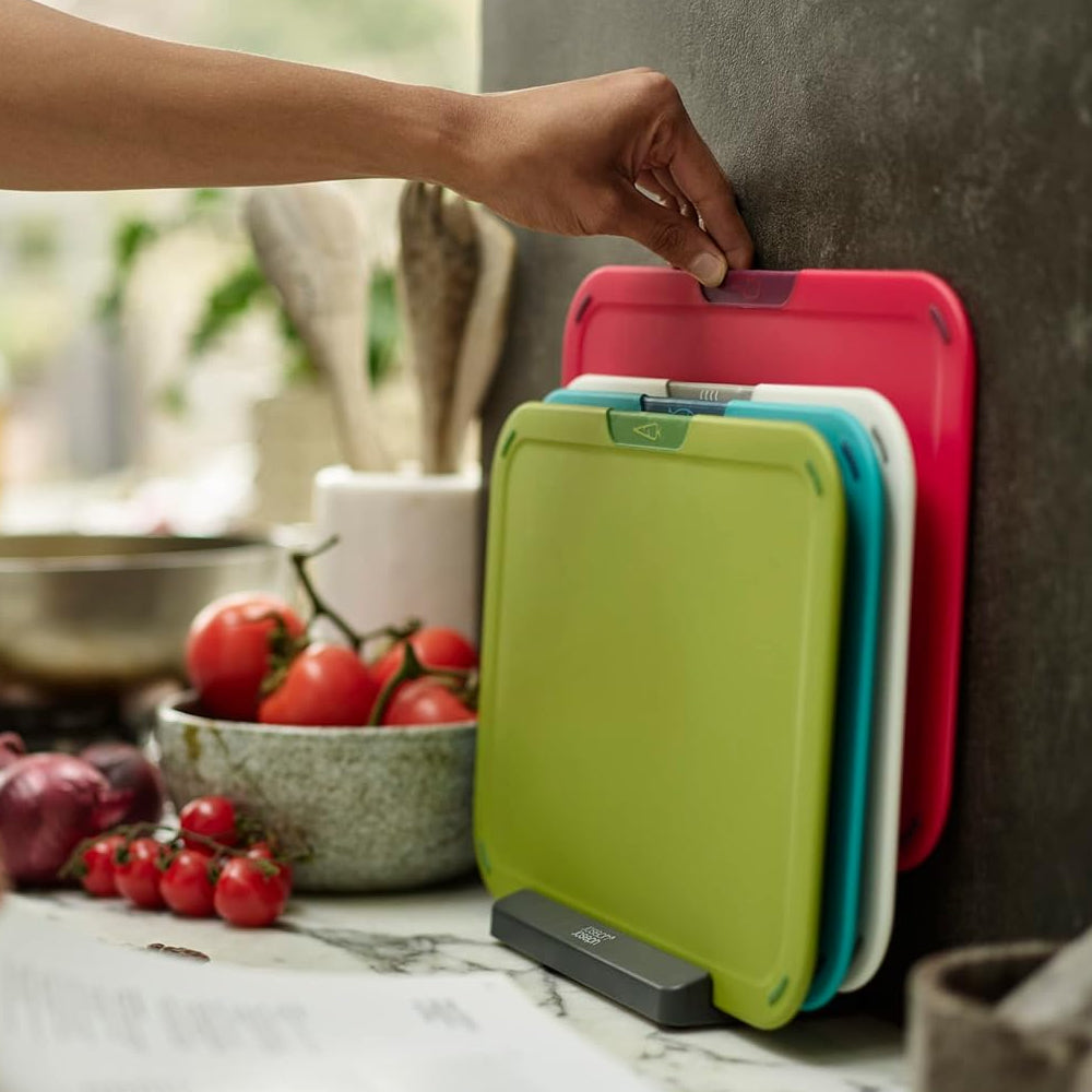 Duo Icon 4-piece colour coded Cutting Board Set with Storage Stand, Multicolour - Medaid International