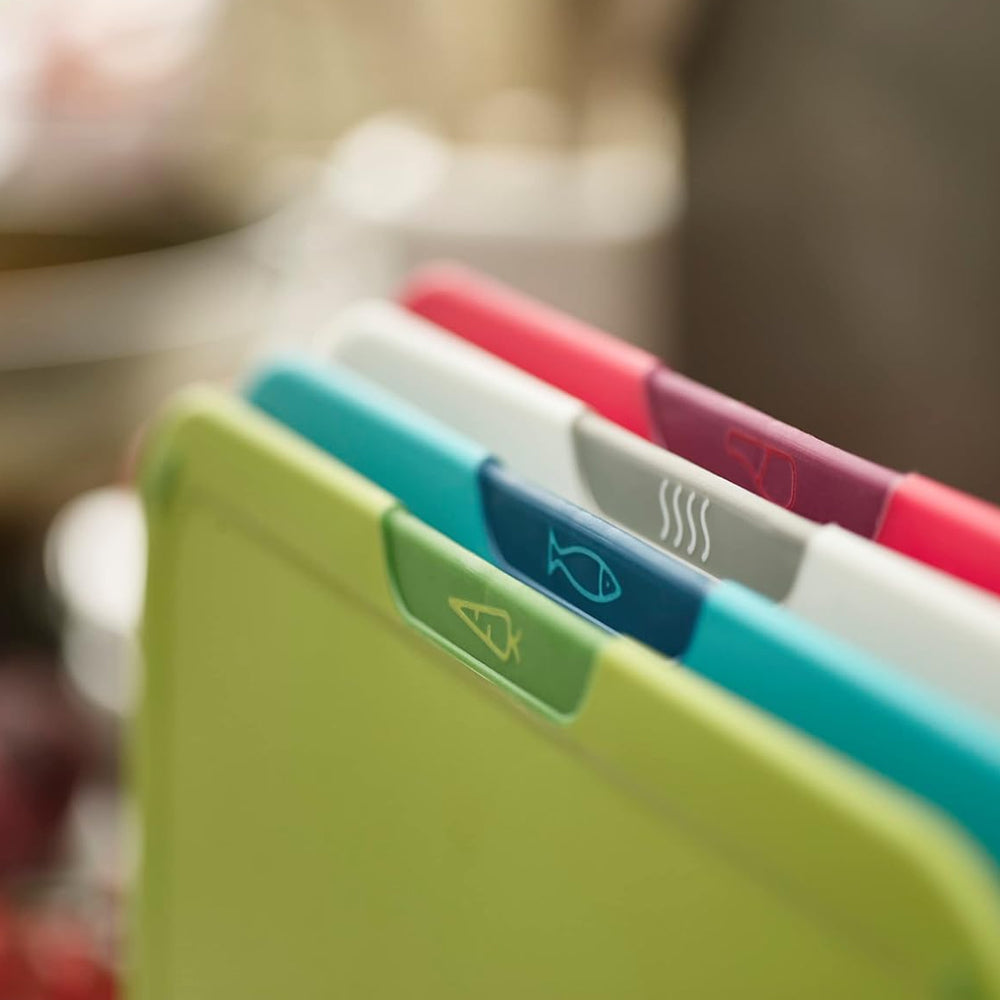 Joseph Joseph Duo Icon 4-piece colour coded Cutting Board Set with Storage Stand, Multicolour
