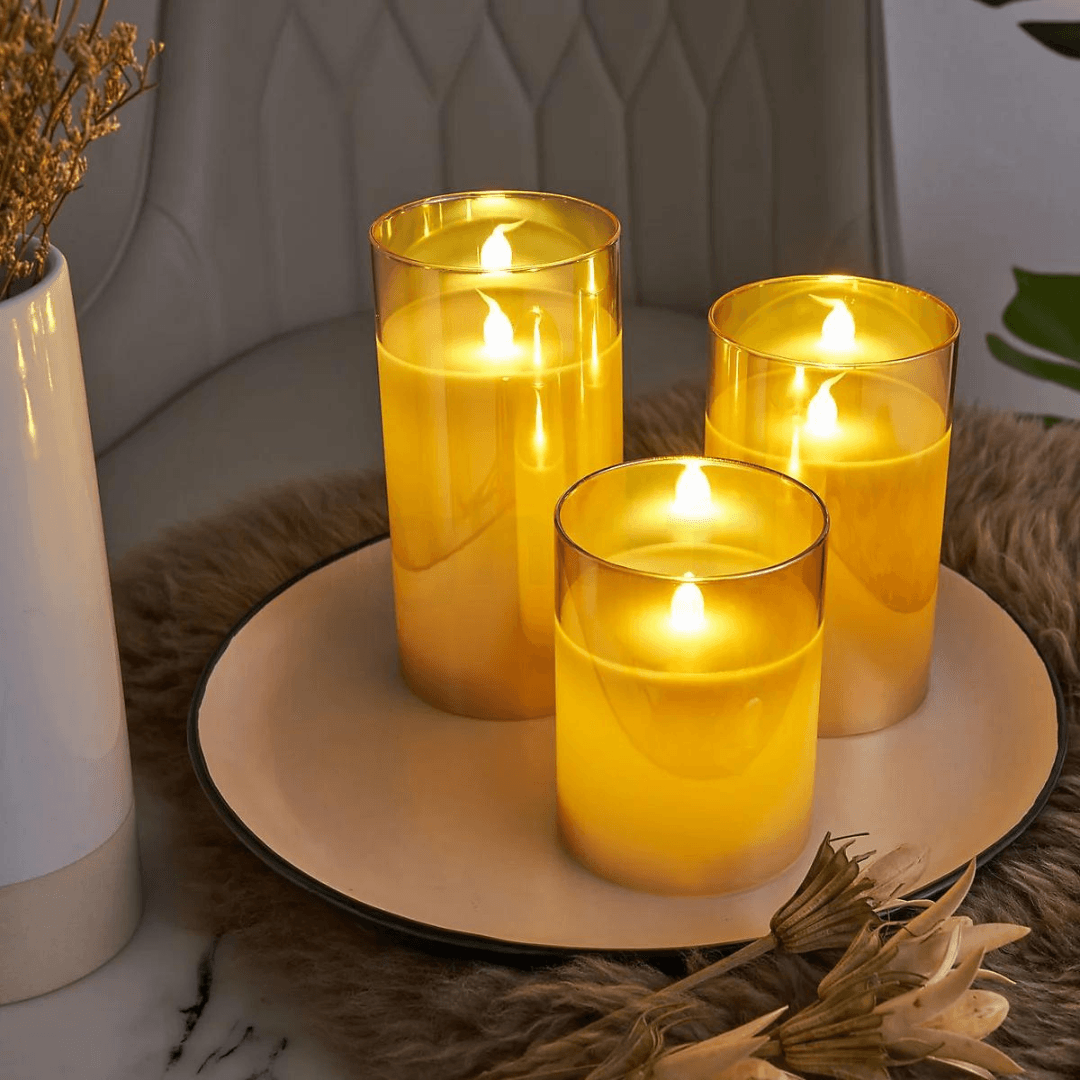 LED Candles In Glass, Set Of 3
