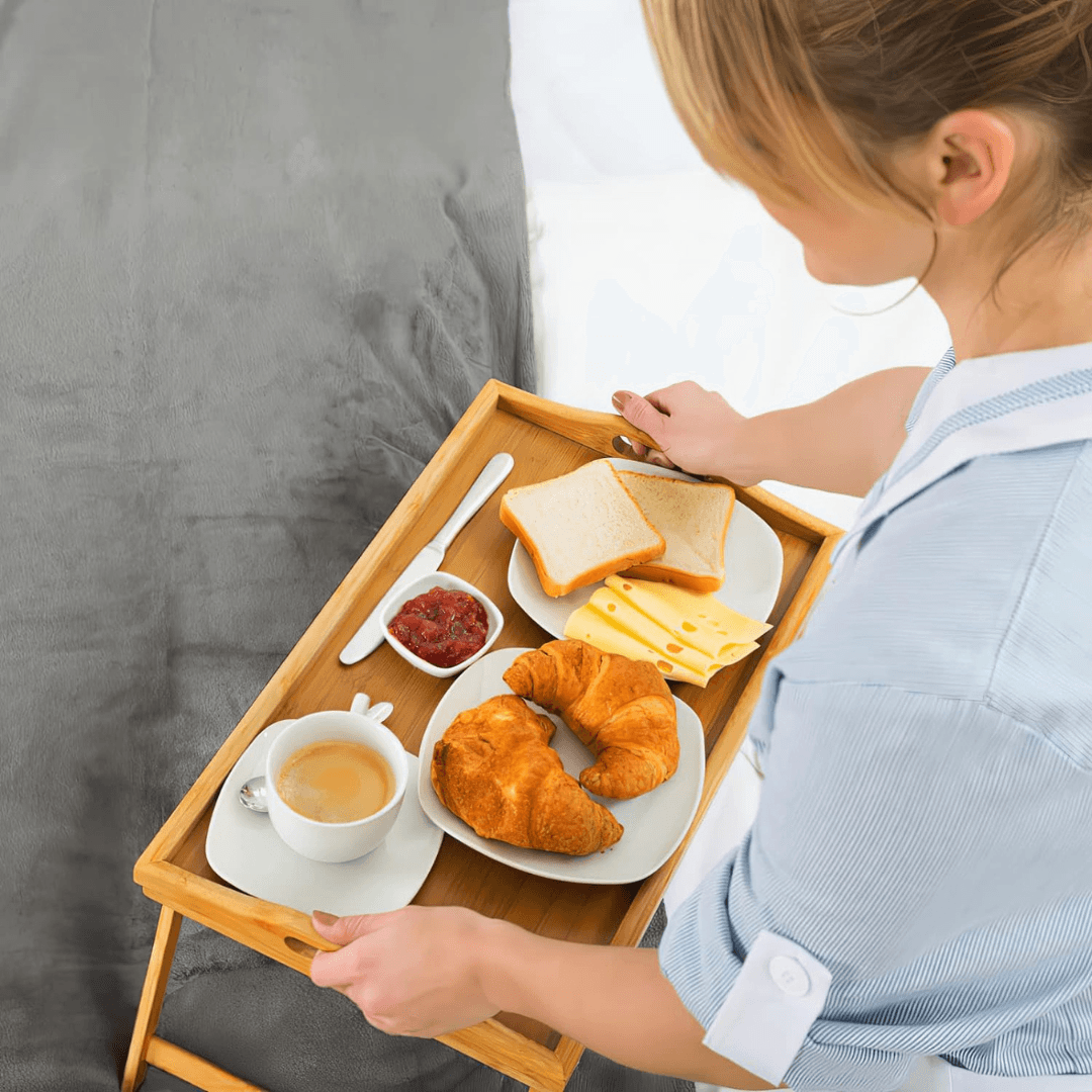 Premium Bamboo Bed & Serving Tray with Folding Legs & Handles