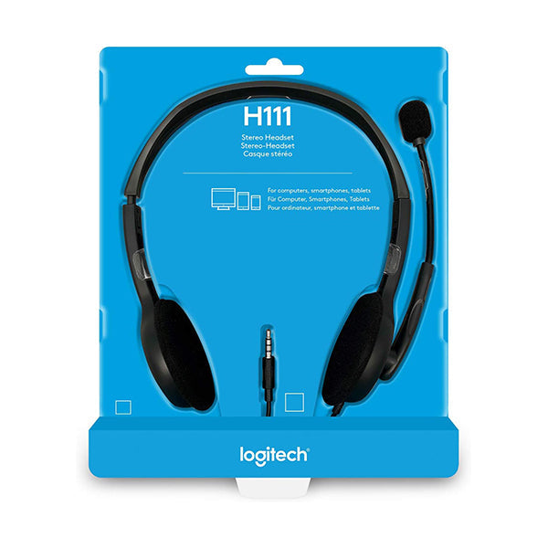 Logitech, H111 Wired Headset, Stereo Headphones with Noise, Cancelling Microphone, 3.5 mm Audio Jack, PC/Mac/Laptop/Smartphone/Tablet - 981-000593
