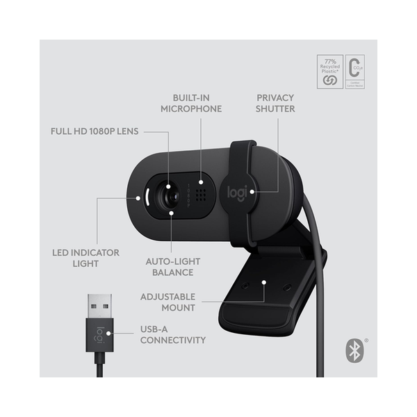 Logitech Brio 105 Full HD 1080p Business Webcam with Auto-Light Balance, USB-A, Privacy Shutter, Easy Set-Up, Compatible with Windows, macOS, ChromeOS