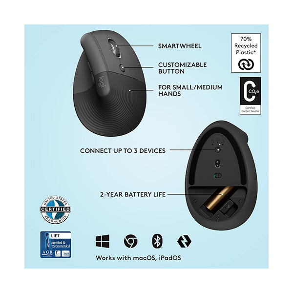 Logitech, Lift Vertical Ergonomic Mouse, Wireless, Bluetooth or Logi Bolt USB receiver, Quiet clicks, 4 buttons, compatible with Windows/macOS/iPad, Laptop, PC - 910-006473