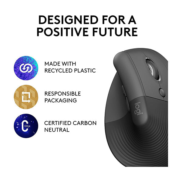 Logitech, Lift Vertical Ergonomic Mouse, Wireless, Bluetooth or Logi Bolt USB receiver, Quiet clicks, 4 buttons, compatible with Windows/macOS/iPad, Laptop, PC - 910-006473