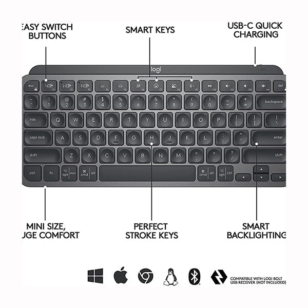 Logitech MX Keys Mini Minimalist Wireless Illuminated Keyboard, Compact, Bluetooth, Backlit, USB-C, Compatible with Apple macOS, iOS, Windows, Linux, Android, Metal Build - 920-010498