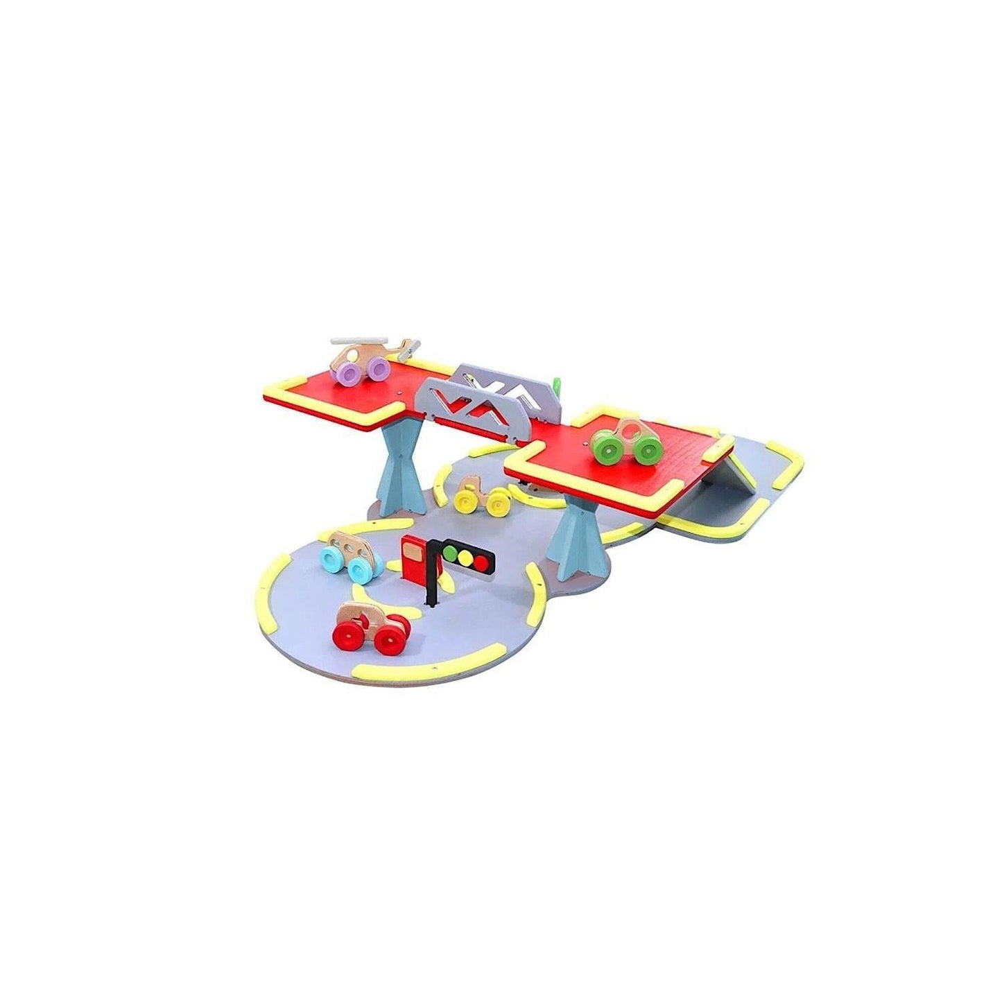 Lulubere Wooden Car Parking Play Set – 9 Parts with Cars & Helicopter (2+ Years)