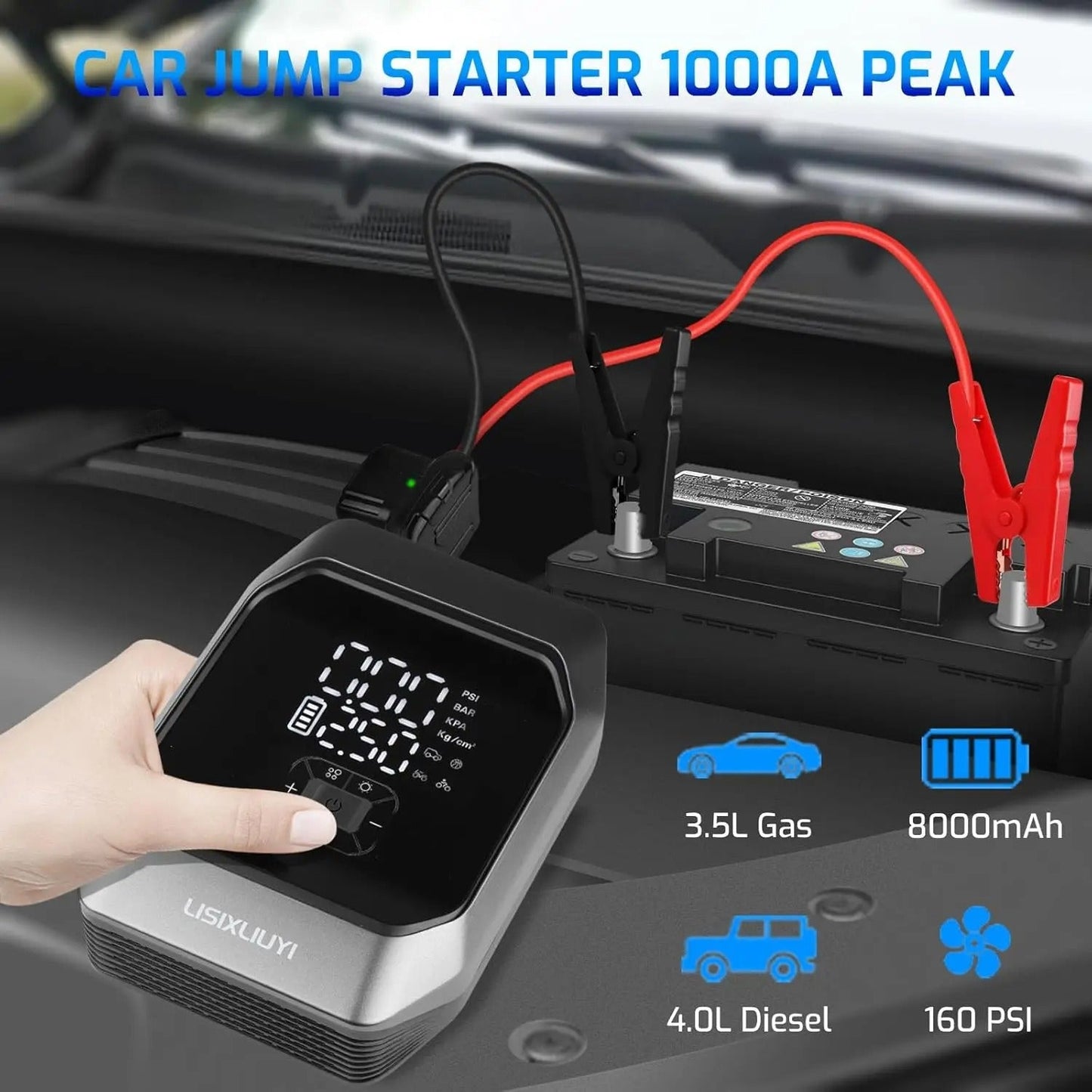 Advanced Portable Car Jump Starter with Air Compressor 160 PSI & 8000mAh Battery Booster