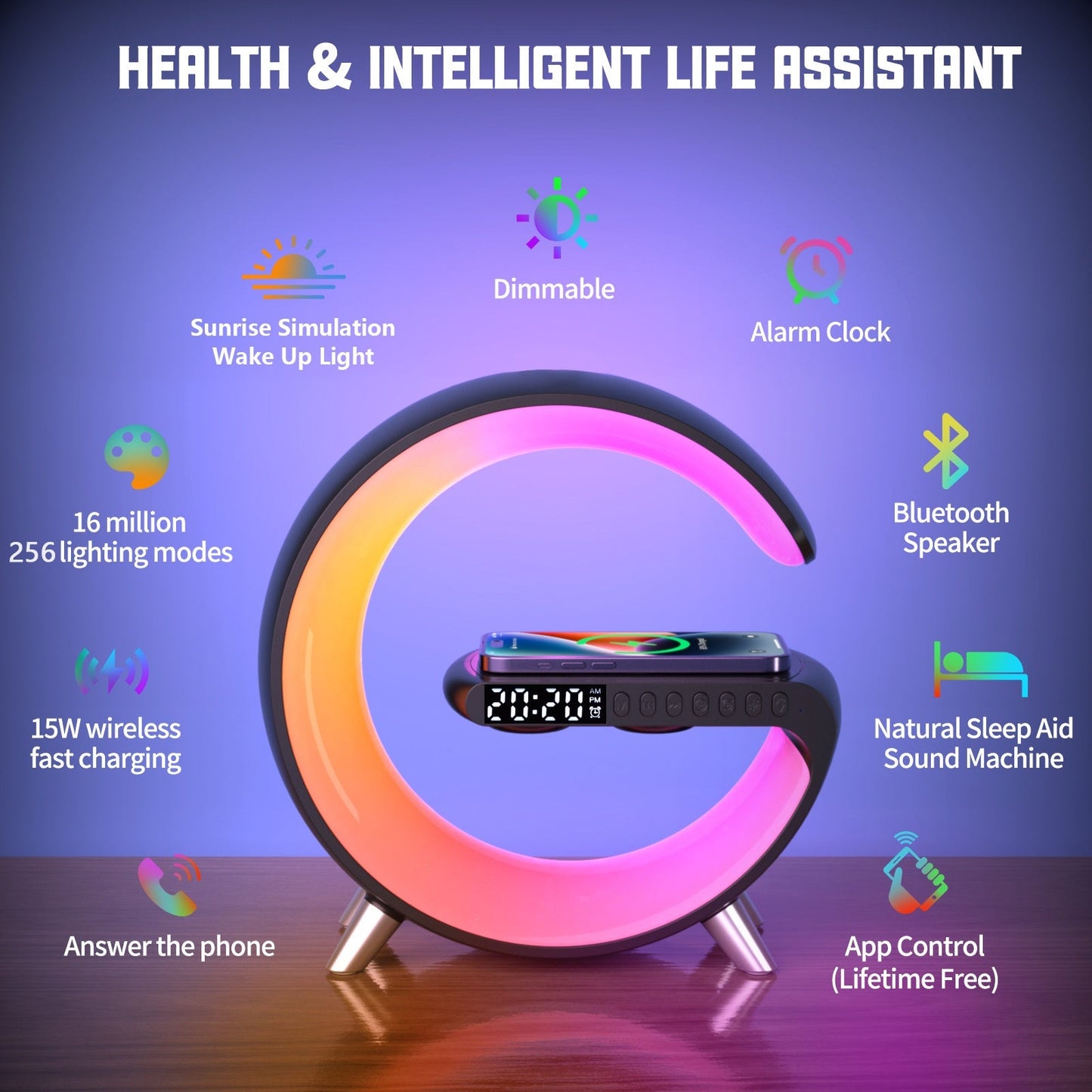 ORIGINAL Multifunctional Alarm Clock Night Light Mobile phone Wireless Charging Bluetooth Speaker Smart APP Control