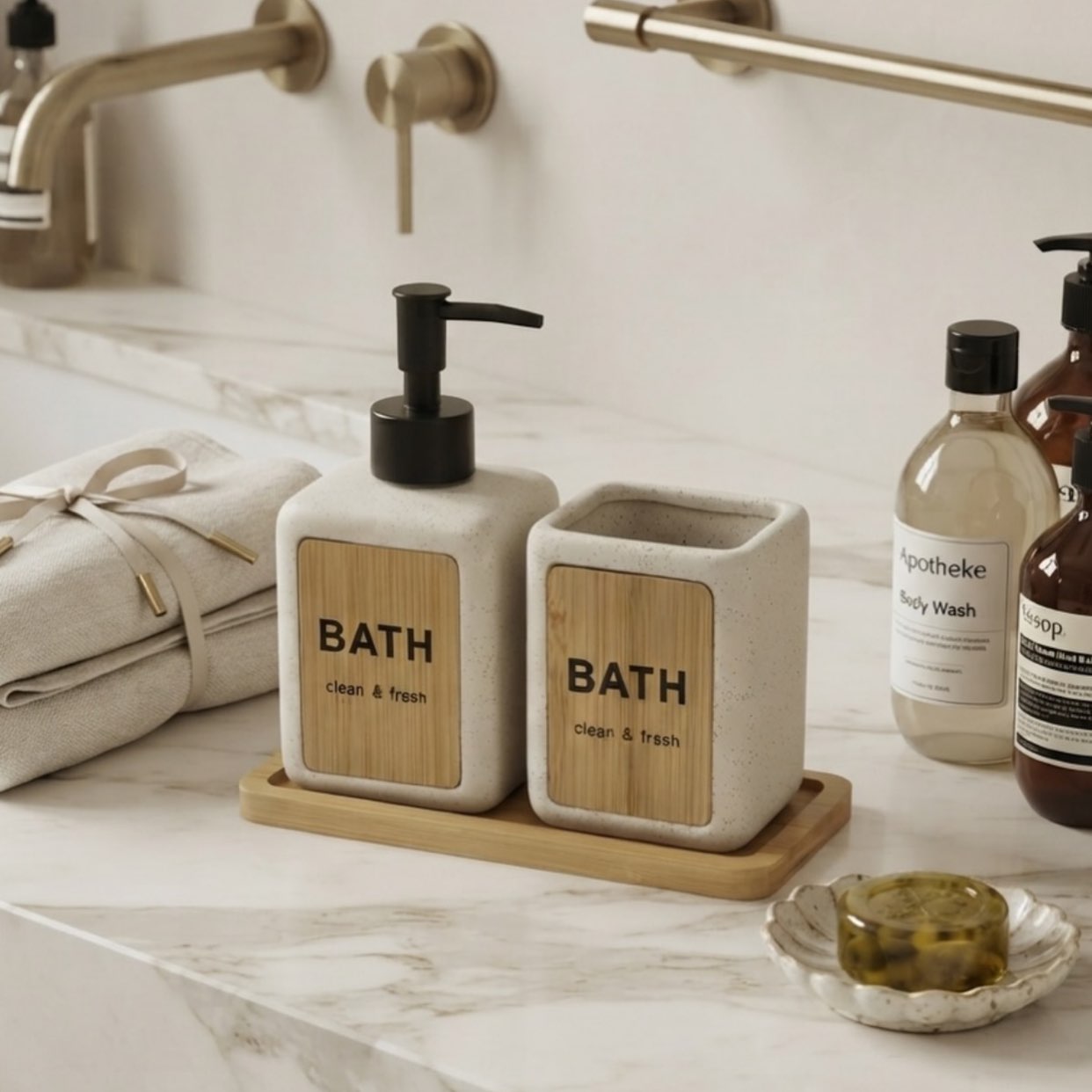 Bathroom Soap Dispenser & Tumbler Set with Bamboo Tray