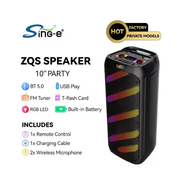 SING-E ZQS10210 50W Super Wireless Karaoke Speaker RGB 10-inch*2 Bass Sound Auxiliary Remote Control 2-Mic BT Battery Auxiliary