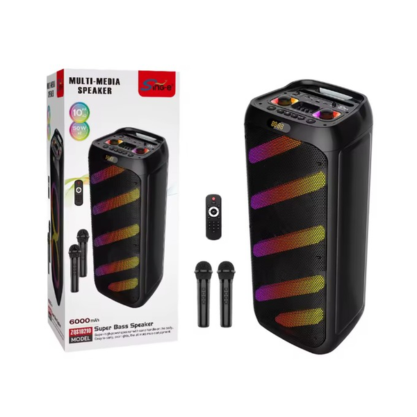 SING-E ZQS10210 50W Super Wireless Karaoke Speaker RGB 10-inch*2 Bass Sound Auxiliary Remote Control 2-Mic BT Battery Auxiliary